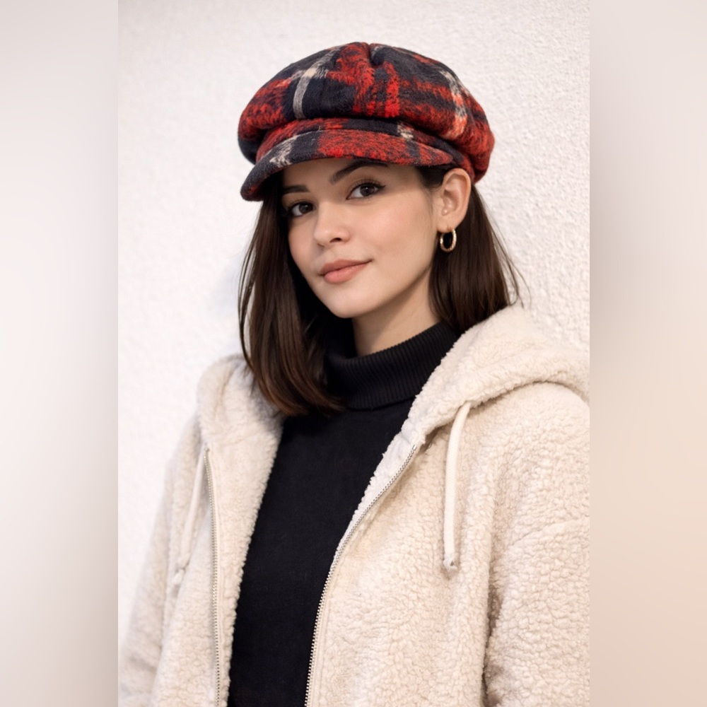 Plaid Red and Black Newsboy Cap